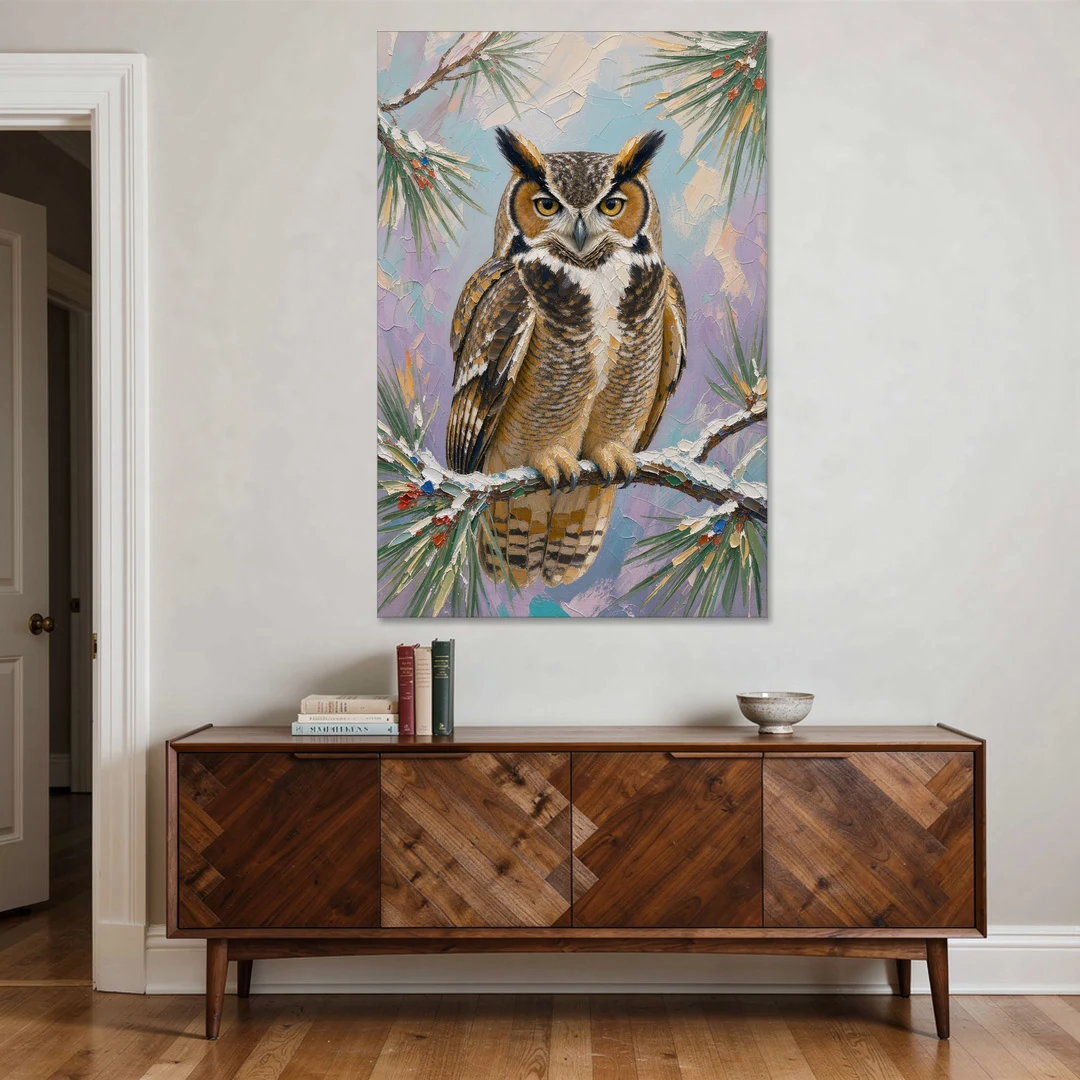 Owl Canvas Print on a Snowy Pine Bough - Canvas Wall Art - Coffee Table - 40x60