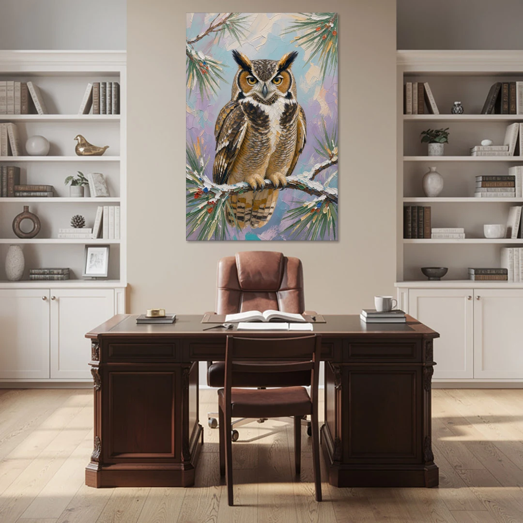 Owl Canvas Print on a Snowy Pine Bough - Canvas Wall Art - Office - 40x60