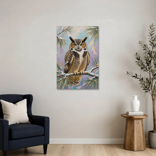 Owl Canvas Print on a Snowy Pine Bough - Canvas Wall Art - Sofa - 24x36