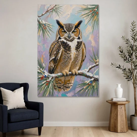 Owl Canvas Print on a Snowy Pine Bough - Canvas Wall Art - Sofa - 40x60