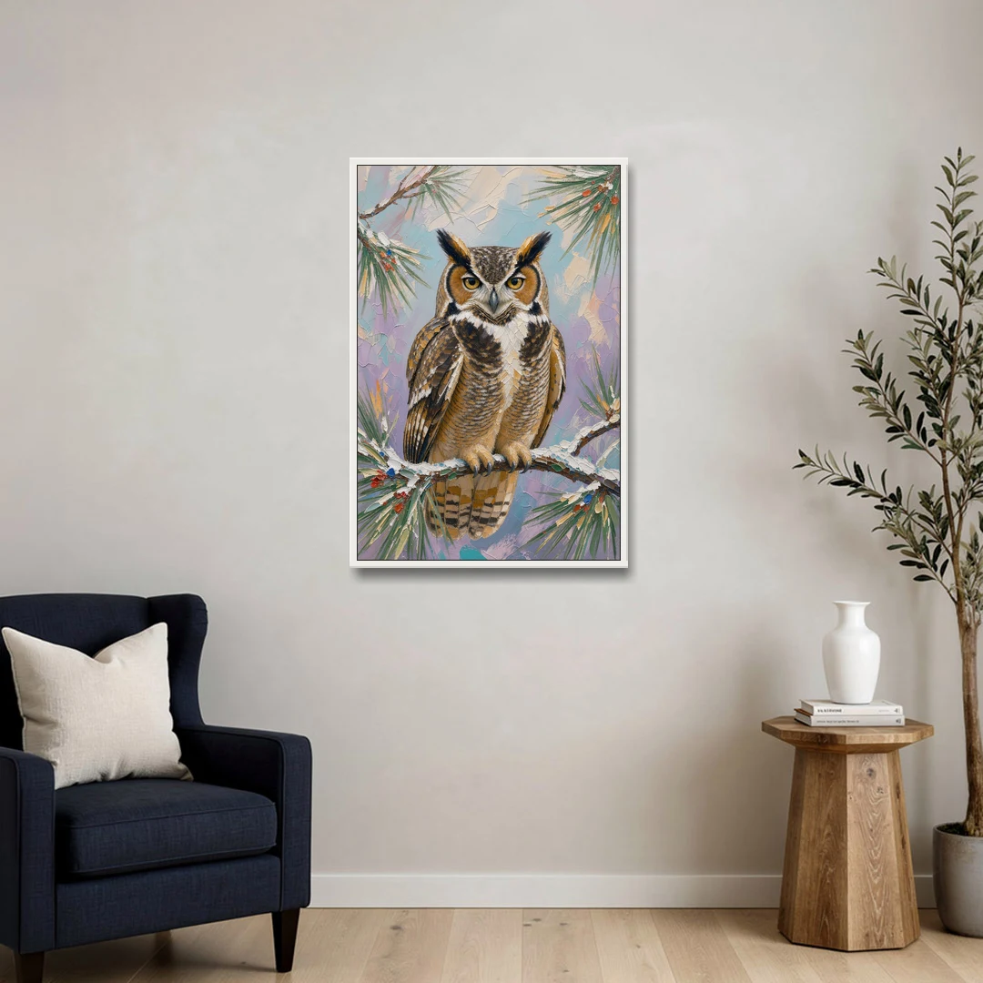 Owl Canvas Print on a Snowy Pine Bough - White Framed Canvas Wall Art - Sofa - 24x36
