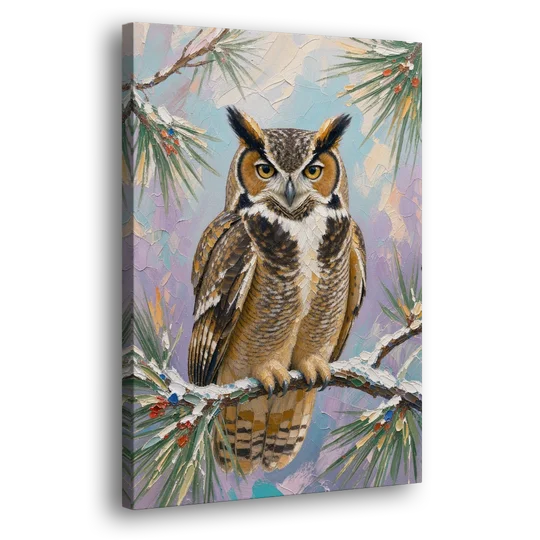 Owl Canvas Print on a Snowy Pine Bough - Canvas Wall Art - Side