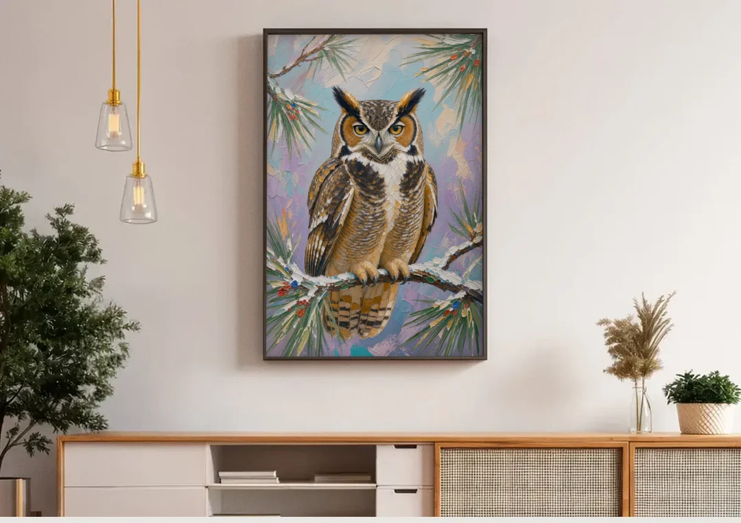 Owl Canvas Print on a Snowy Pine Bough canvas wall art above a wooden sideboard under pendant lights