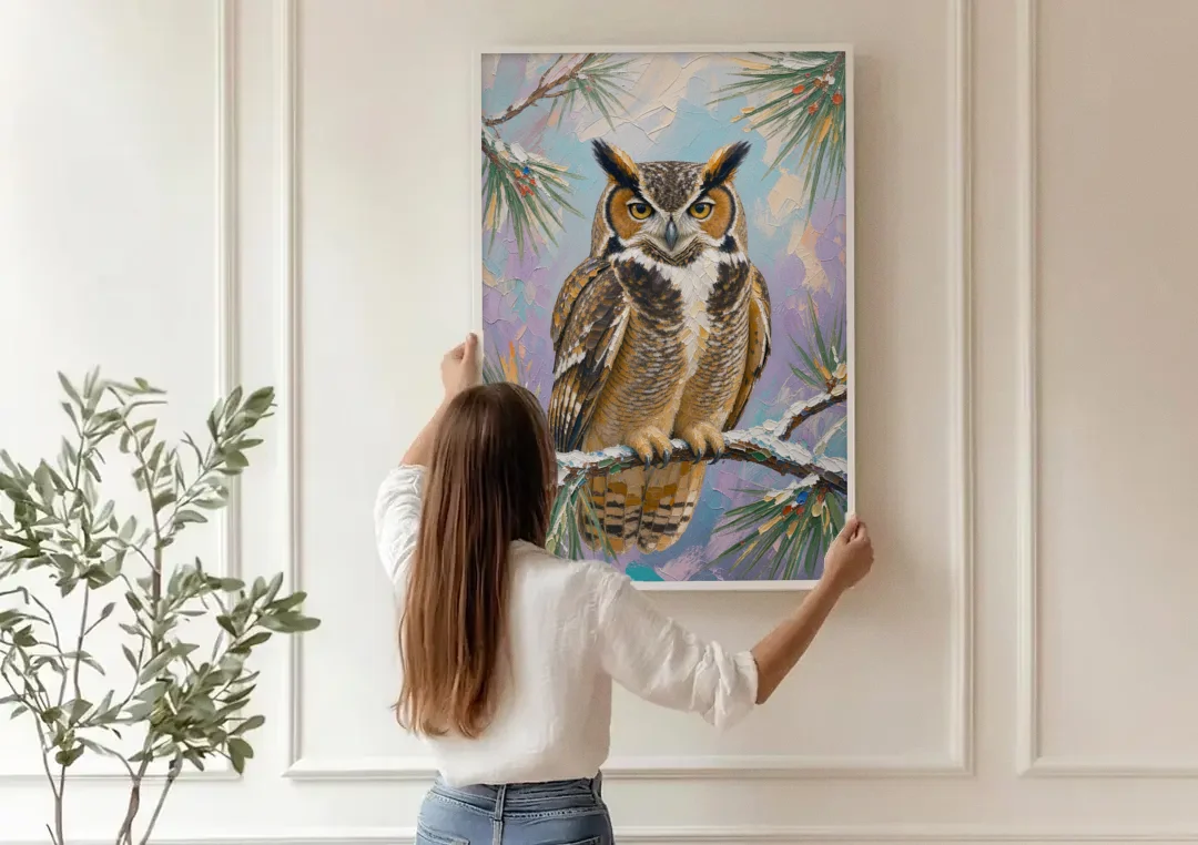 Owl Canvas Print on a Snowy Pine Bough canvas wall art being hung on a paneled wall