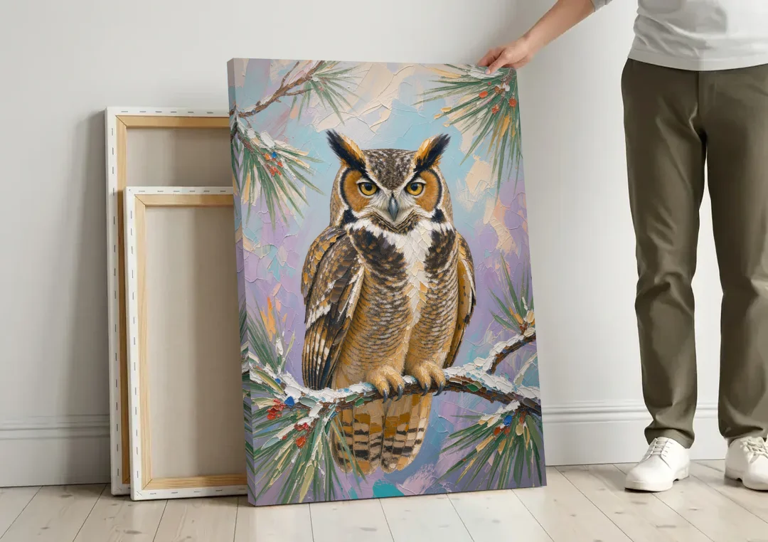 Owl Canvas Print on a Snowy Pine Bough canvas wall art leaning against a wall next to blank canvases