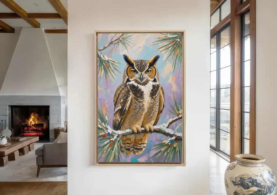 Owl Canvas Print on a Snowy Pine Bough canvas wall art in a living room with a fireplace