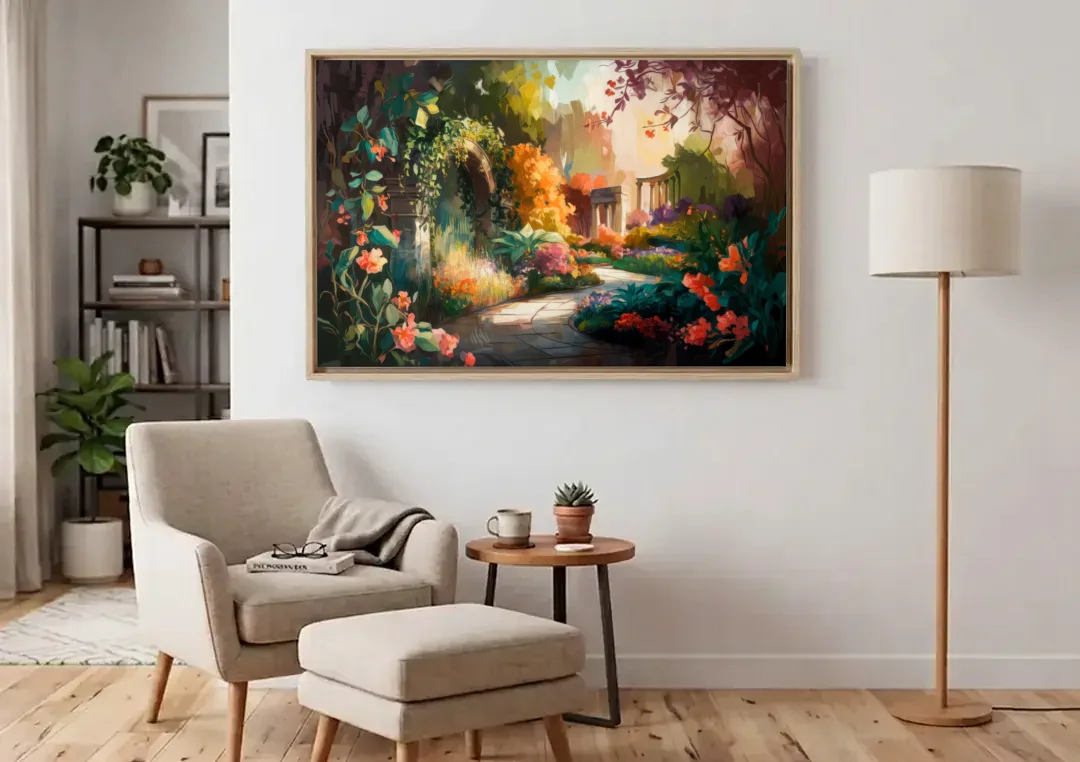 Oxford Botanical Gardens canvas wall art above an armchair in a bright living room