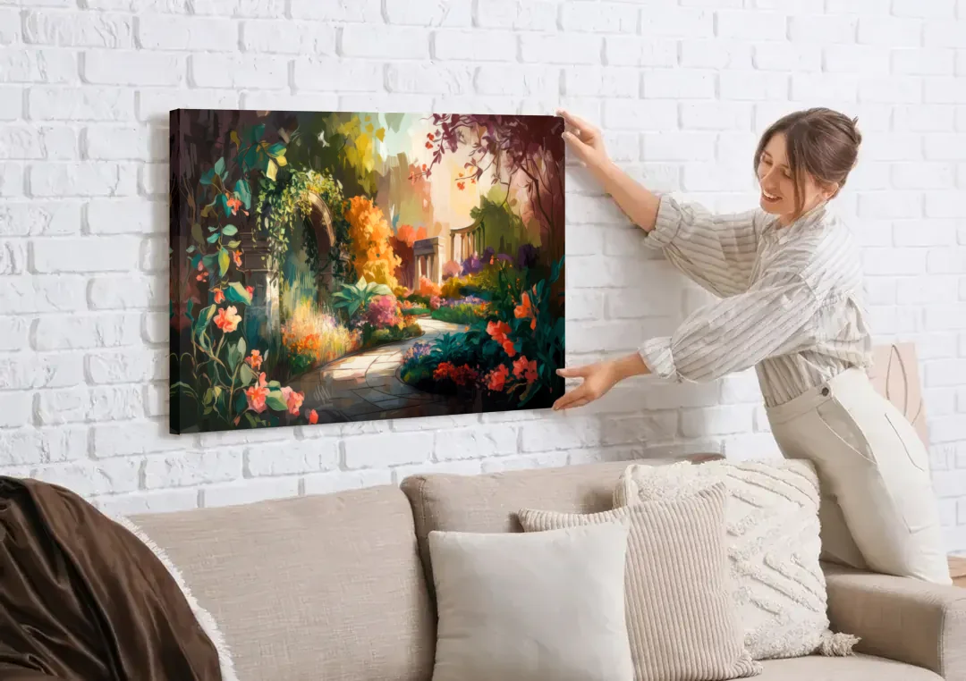 Oxford Botanical Gardens canvas wall art being hung on a white brick wall above a sofa