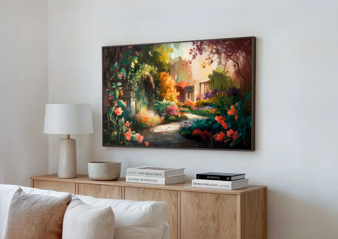 Oxford Botanical Gardens canvas wall art above a wooden sideboard next to a sofa