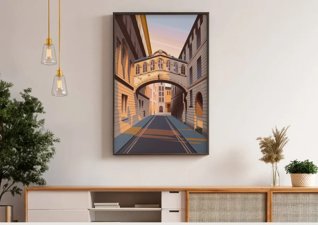 Oxford Bridge of Sighs canvas wall art above a wooden sideboard under pendant lights