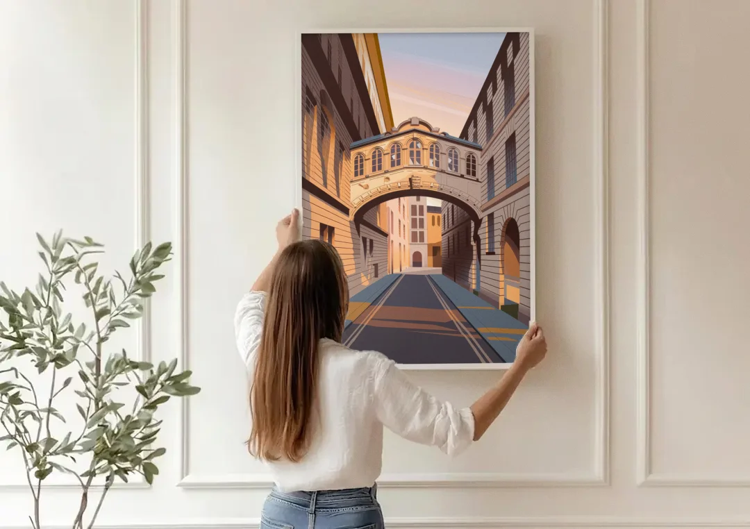Oxford Bridge of Sighs canvas wall art being hung on a paneled wall
