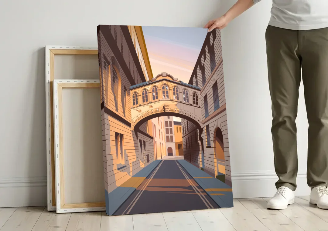 Oxford Bridge of Sighs canvas wall art leaning against a wall next to blank canvases