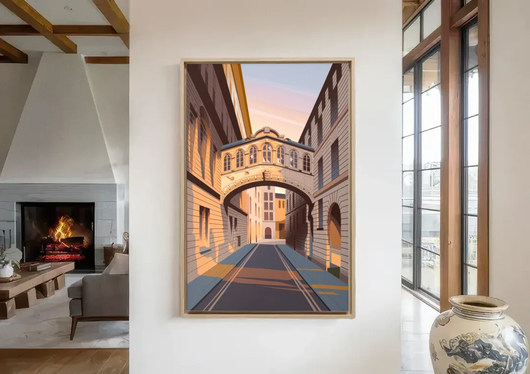 Oxford Bridge of Sighs canvas wall art in a living room with a fireplace