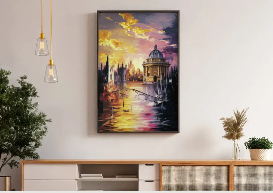 Oxford Cityscape Sunset canvas wall art above a wooden sideboard under pendant lights