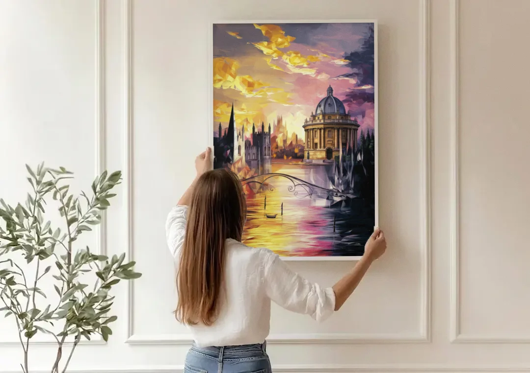 Oxford Cityscape Sunset canvas wall art being hung on a paneled wall