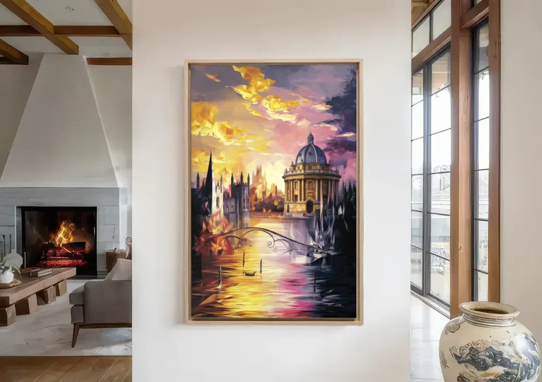 Oxford Cityscape Sunset canvas wall art in a living room with a fireplace