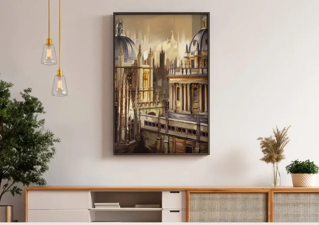 Oxford College Architecture canvas wall art above a wooden sideboard under pendant lights