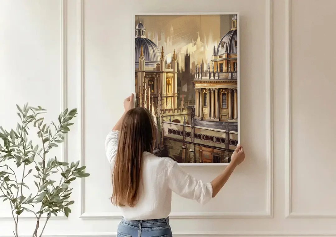 Oxford College Architecture canvas wall art being hung on a paneled wall
