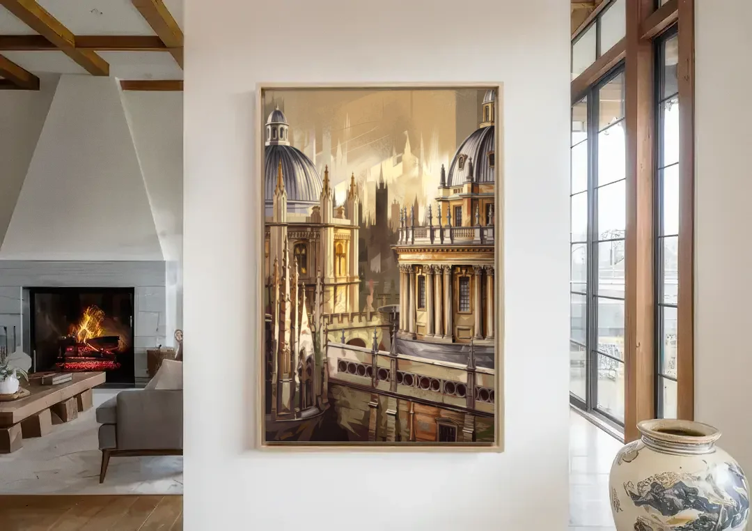 Oxford College Architecture canvas wall art in a living room with a fireplace