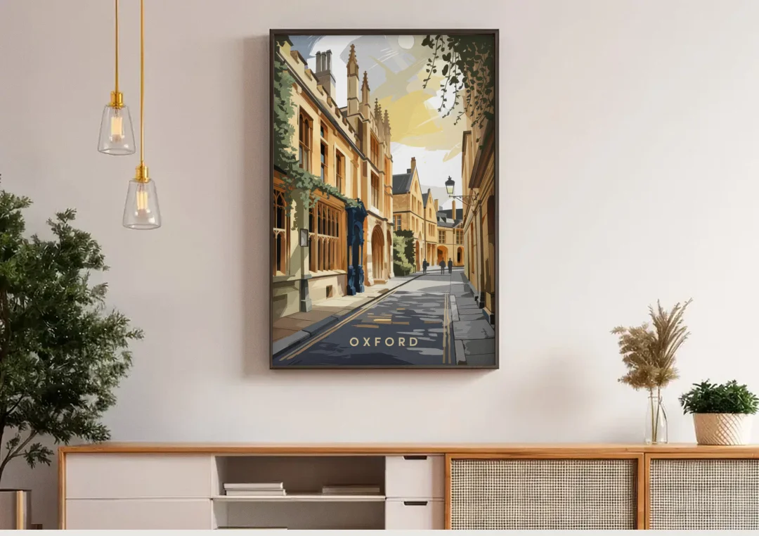 Oxford Historic Streets canvas wall art above a wooden sideboard under pendant lights