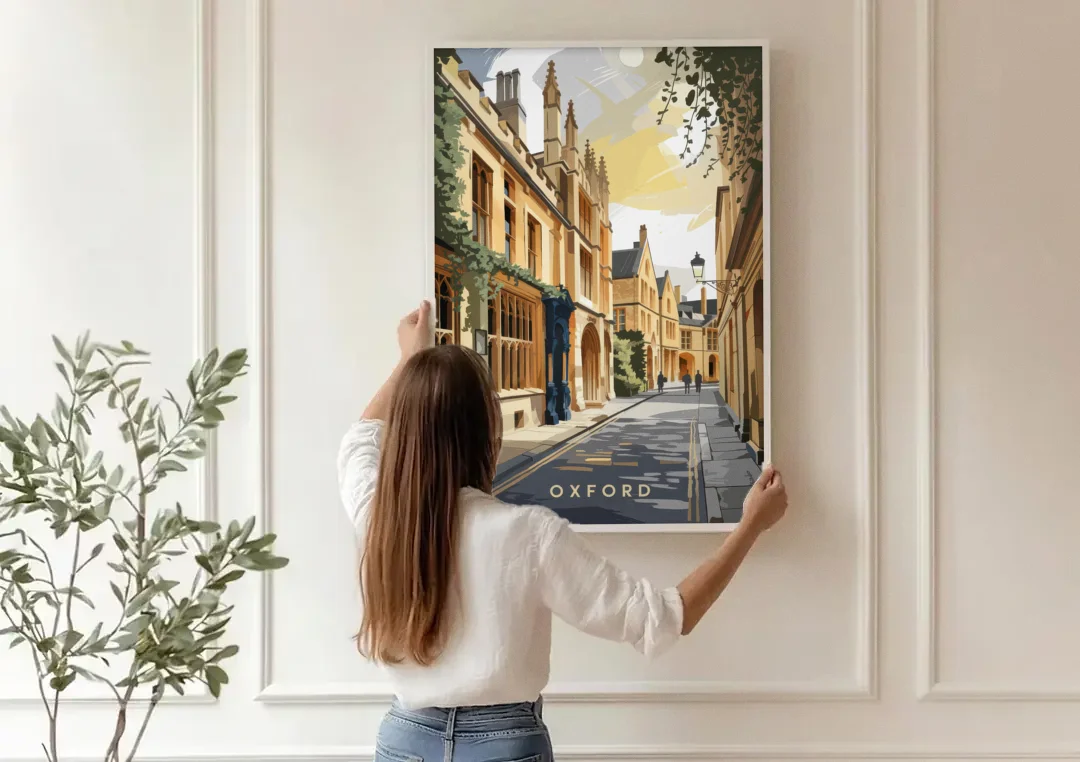 Oxford Historic Streets canvas wall art being hung on a paneled wall