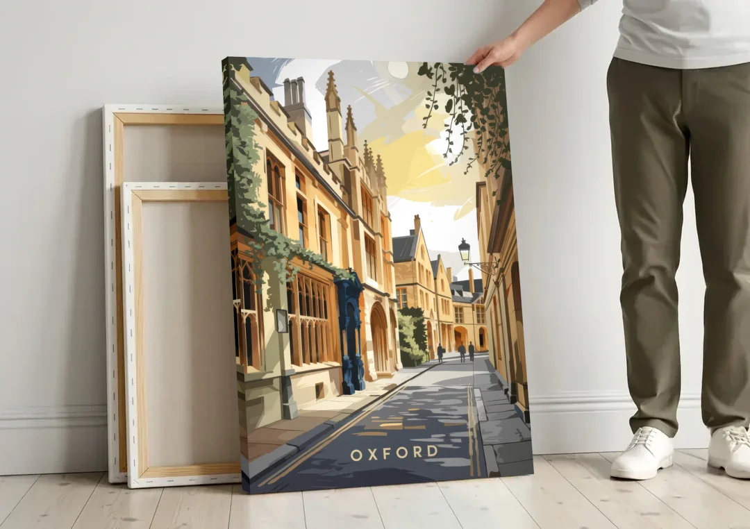 Oxford Historic Streets canvas wall art leaning against a wall next to blank canvases
