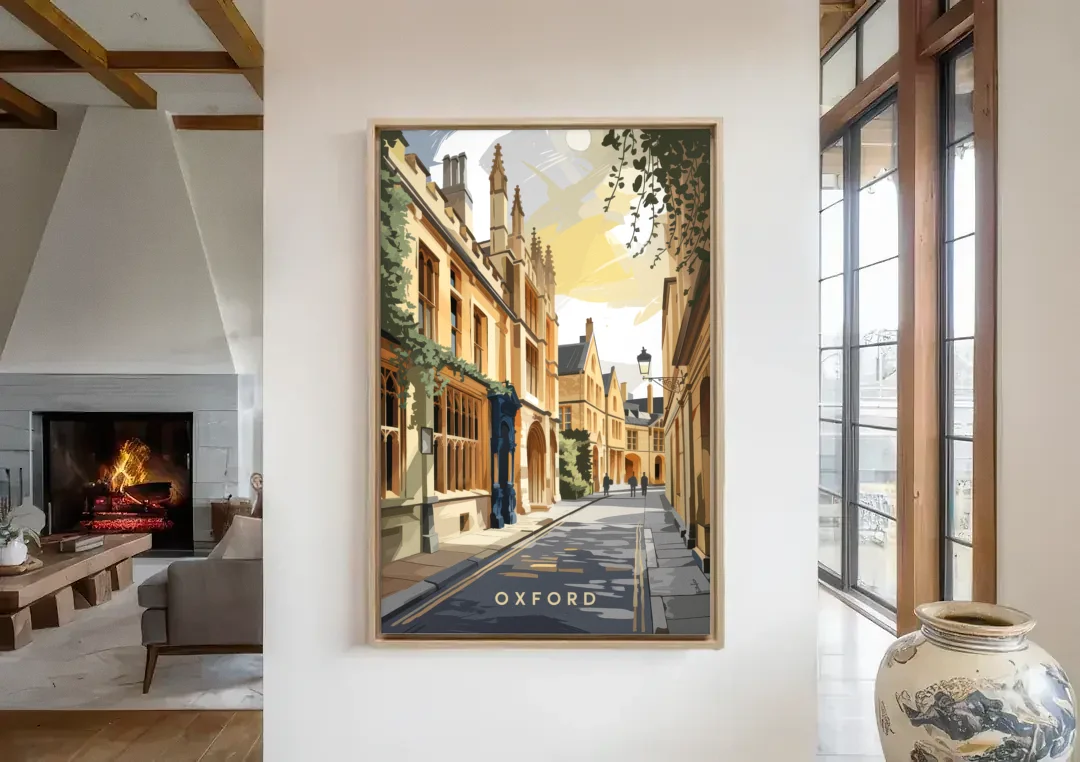 Oxford Historic Streets canvas wall art in a living room with a fireplace