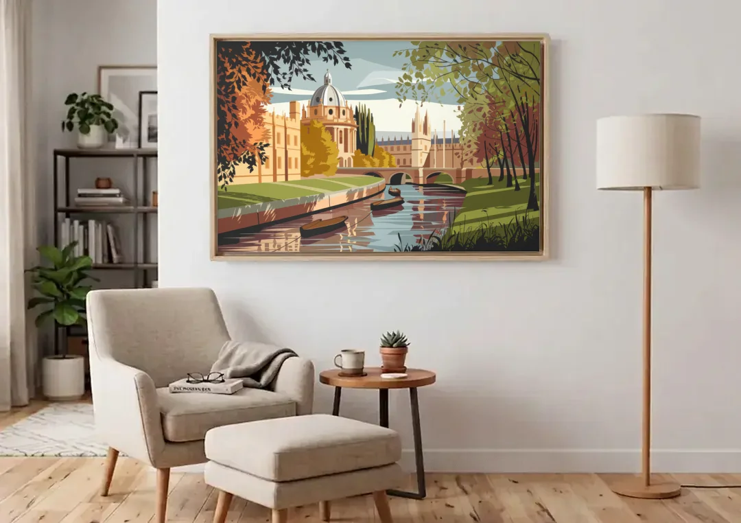Oxford River Thames View canvas wall art above an armchair in a bright living room