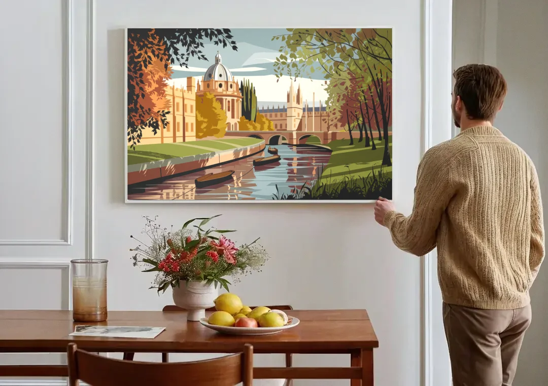 Oxford River Thames View canvas wall art above a dining table