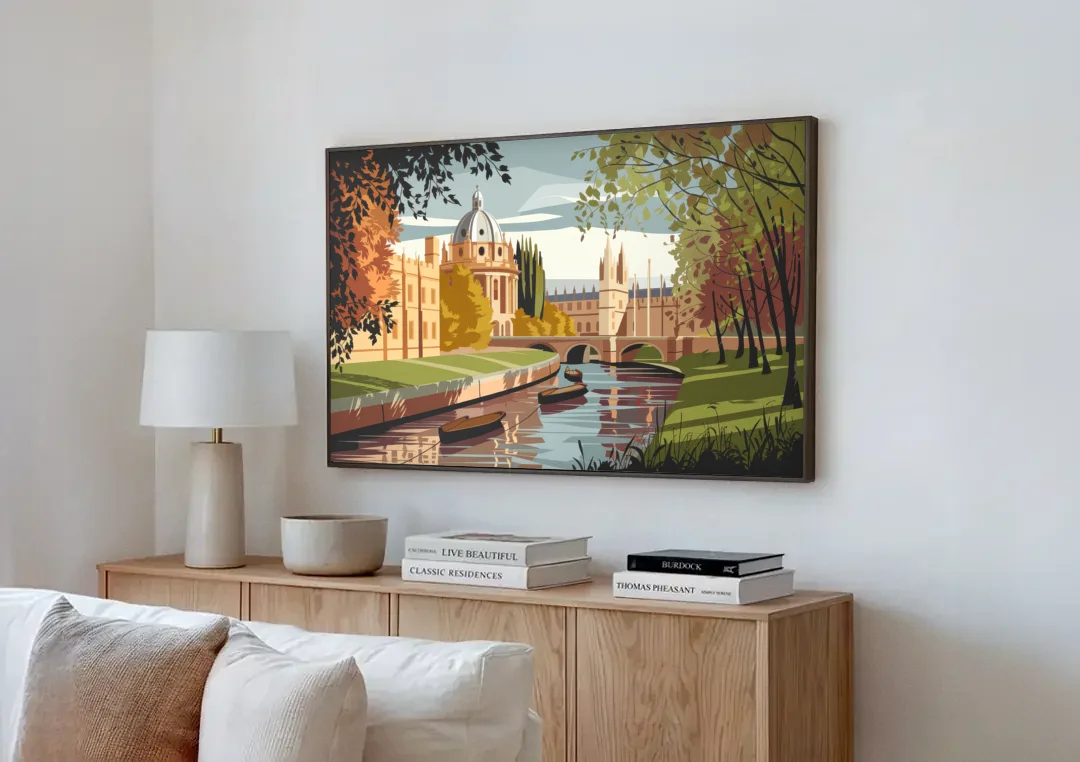 Oxford River Thames View canvas wall art above a wooden sideboard next to a sofa