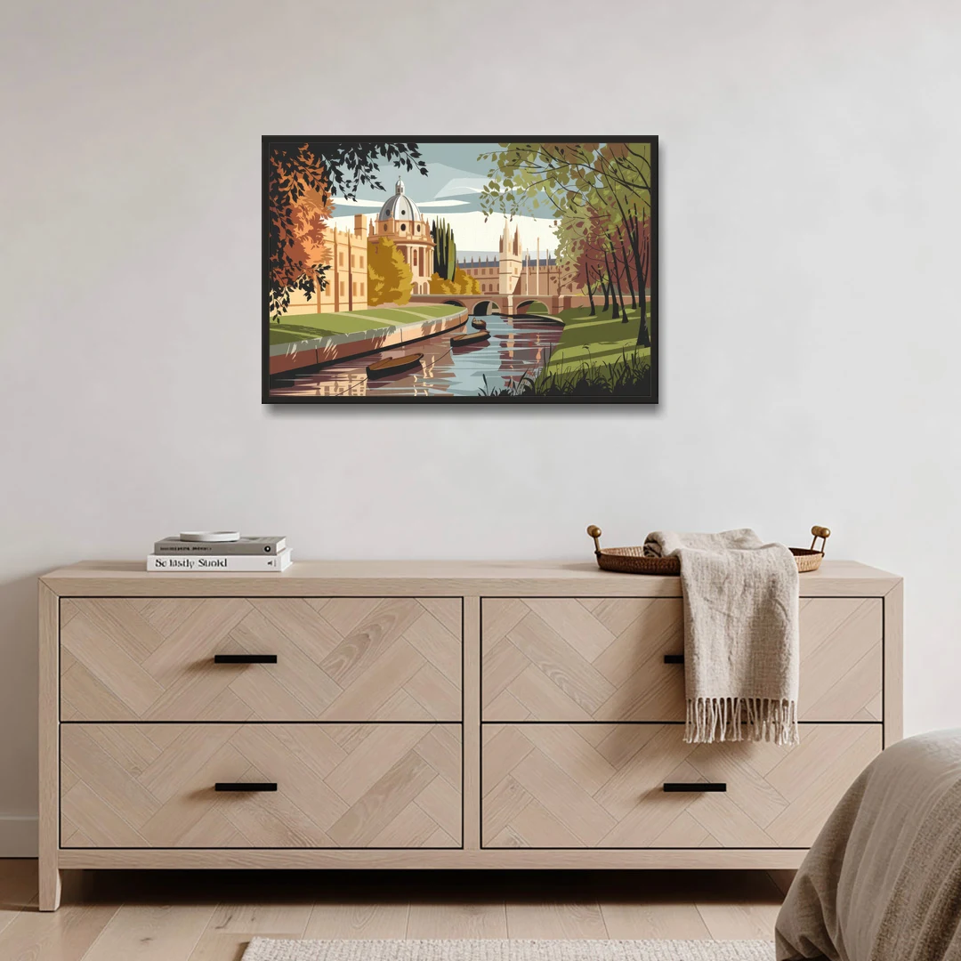 Oxford River Thames View - Black Framed Canvas Wall Art - Coffee Table - 36x24