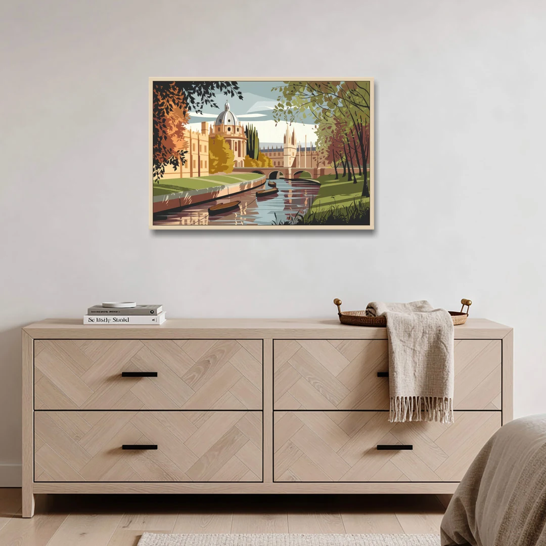 Oxford River Thames View - Oak Framed Canvas Wall Art - Coffee Table - 36x24