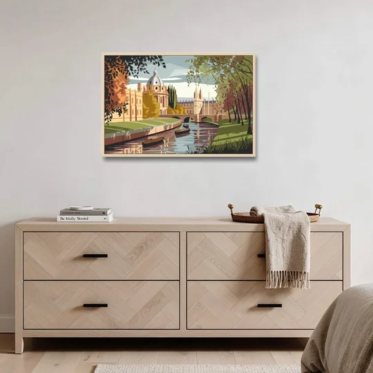 Oxford River Thames View - Oak Framed Canvas Wall Art - Coffee Table - 36x24