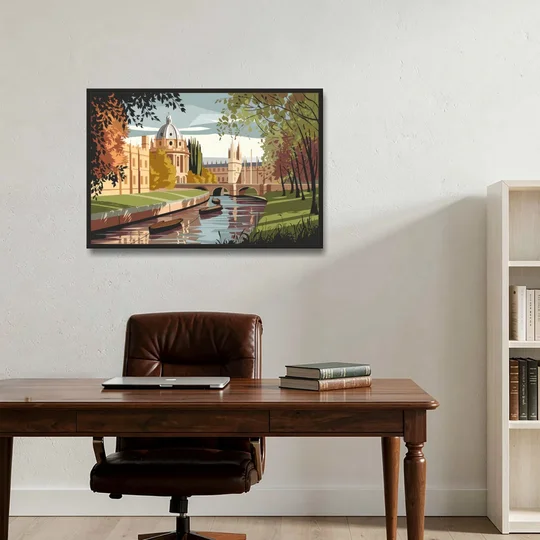Oxford River Thames View - Black Framed Canvas Wall Art - Office - 36x24