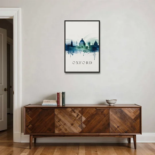 Oxford Skyline Panorama - Black Framed Canvas Wall Art - Coffee Table - 24x36