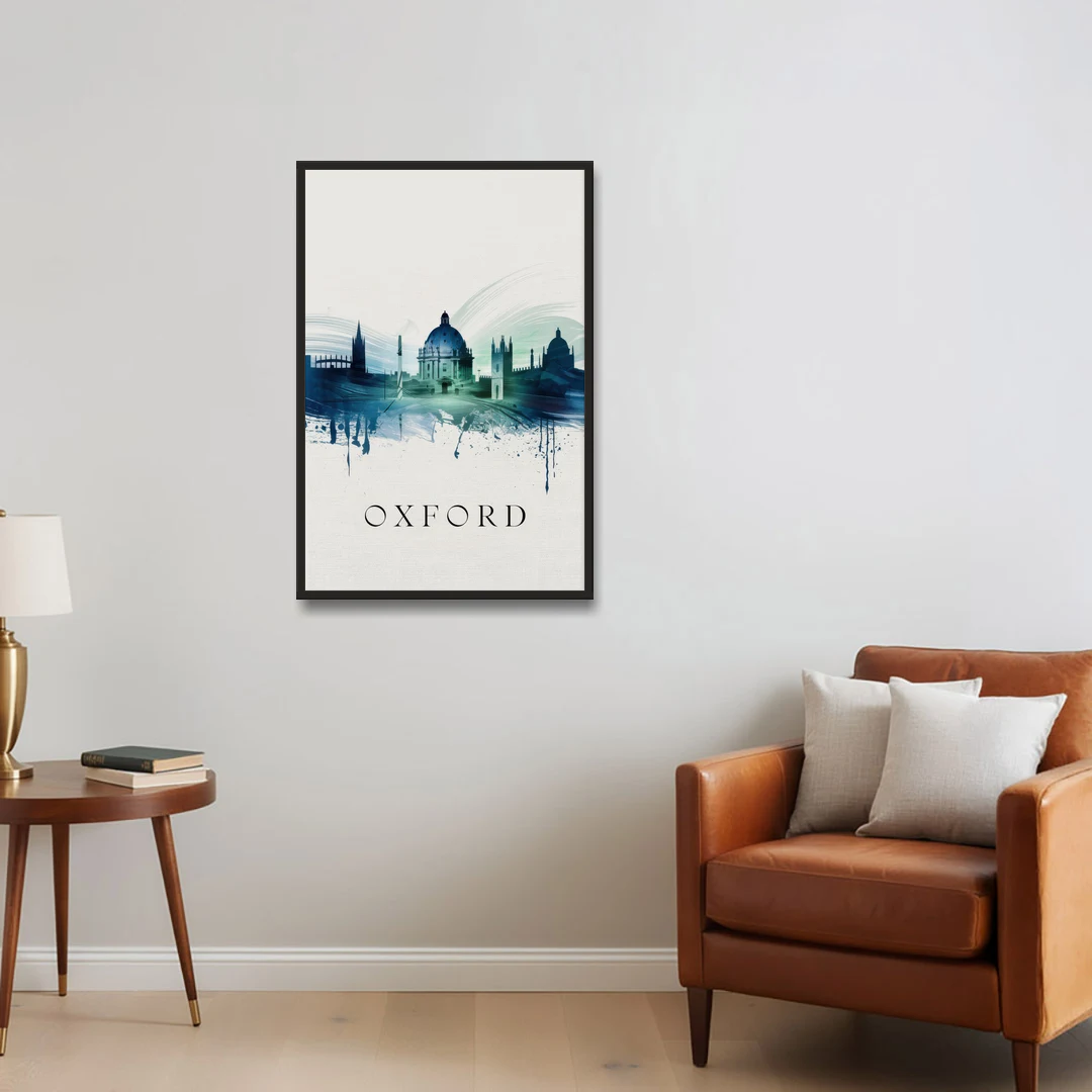 Oxford Skyline Panorama - Black Framed Canvas Wall Art - Sofa - 24x36
