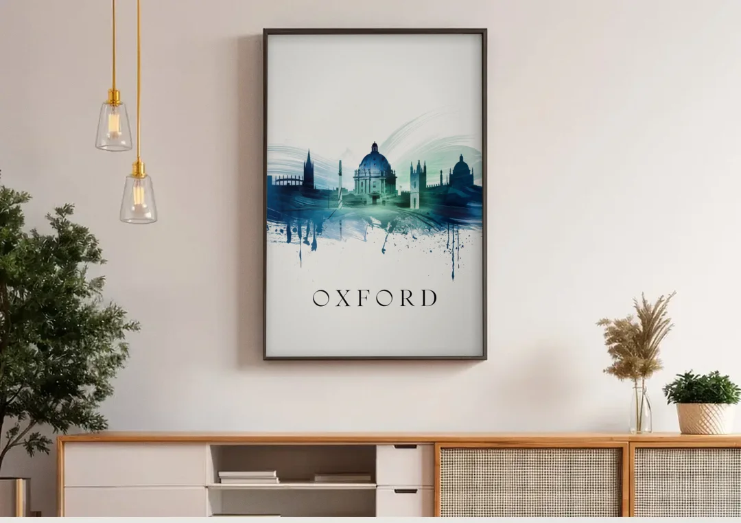 Oxford Skyline Panorama canvas wall art above a wooden sideboard under pendant lights