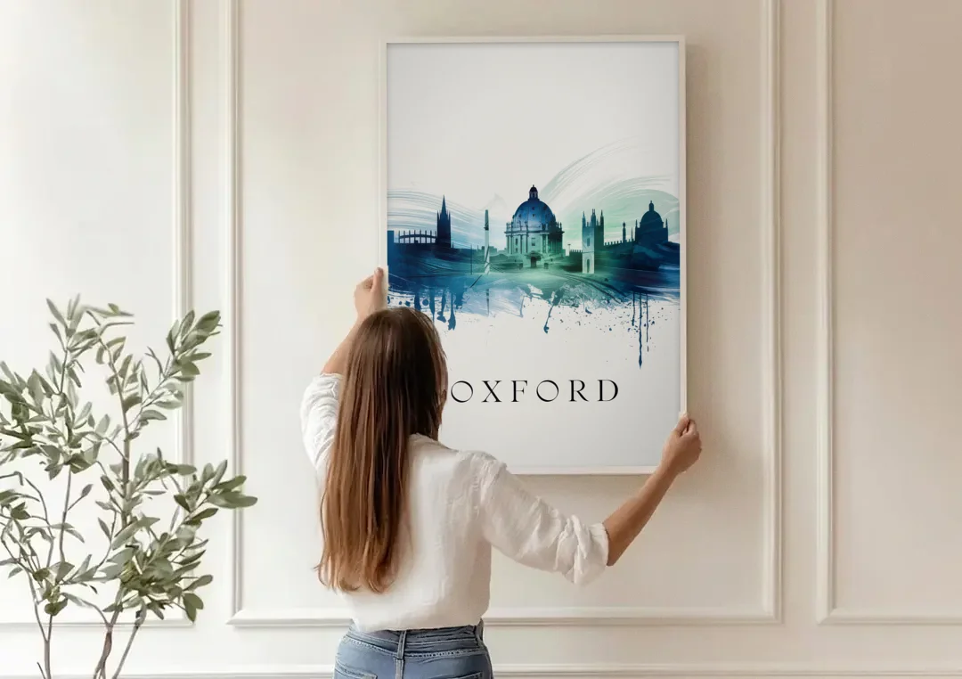 Oxford Skyline Panorama canvas wall art being hung on a paneled wall