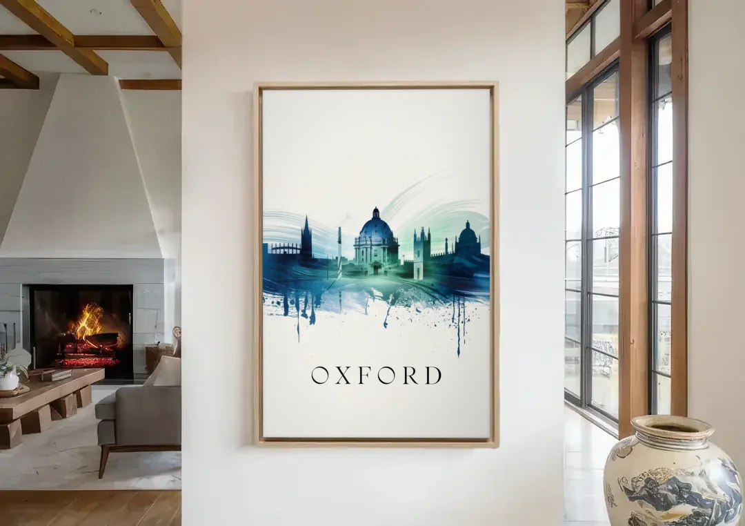 Oxford Skyline Panorama canvas wall art in a living room with a fireplace