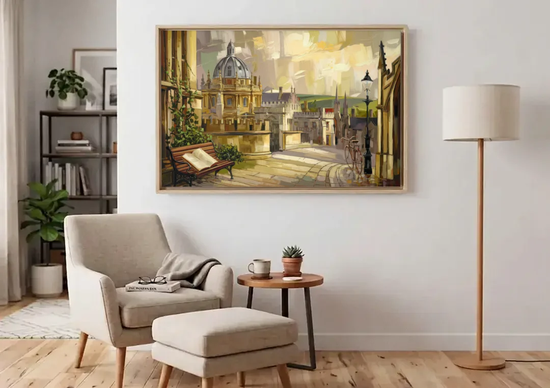 Oxford University Charm canvas wall art above an armchair in a bright living room
