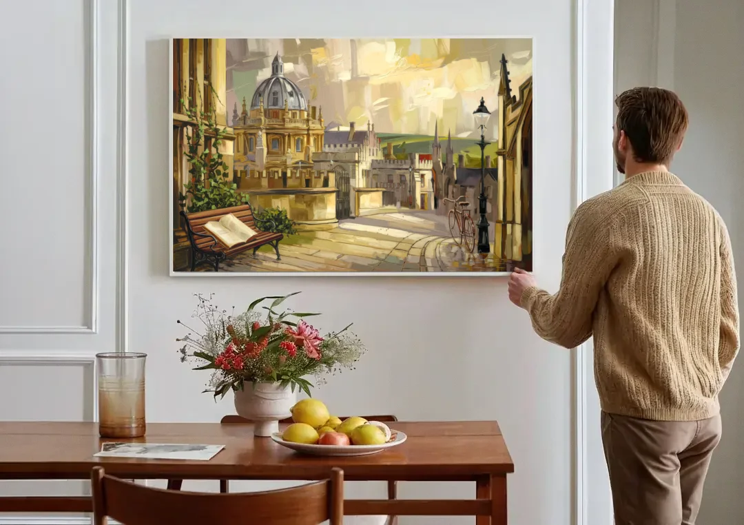 Oxford University Charm canvas wall art above a dining table