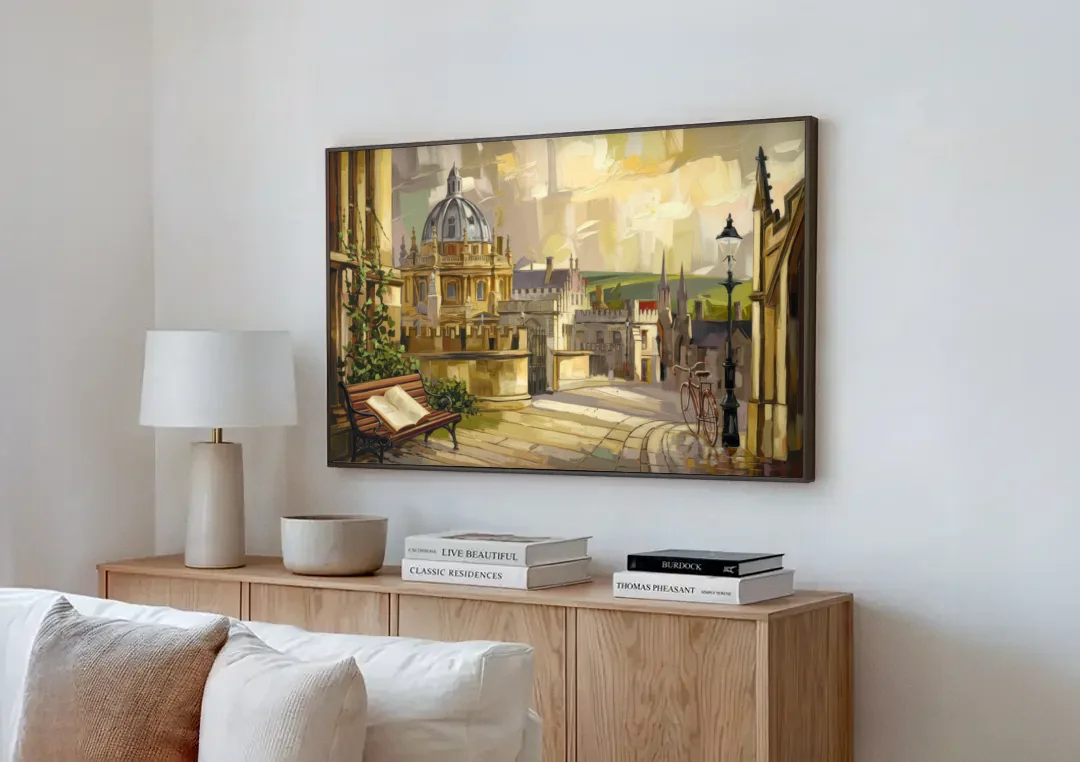 Oxford University Charm canvas wall art above a wooden sideboard next to a sofa