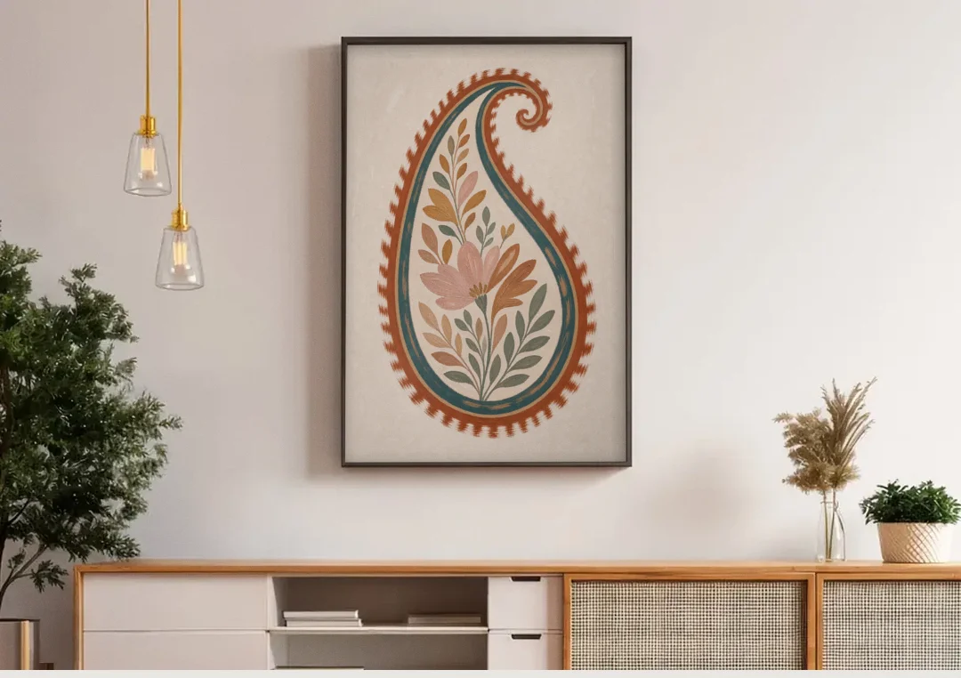 Paisley Wall Art with an Ikat Feathered Bloom canvas wall art above a wooden sideboard under pendant lights