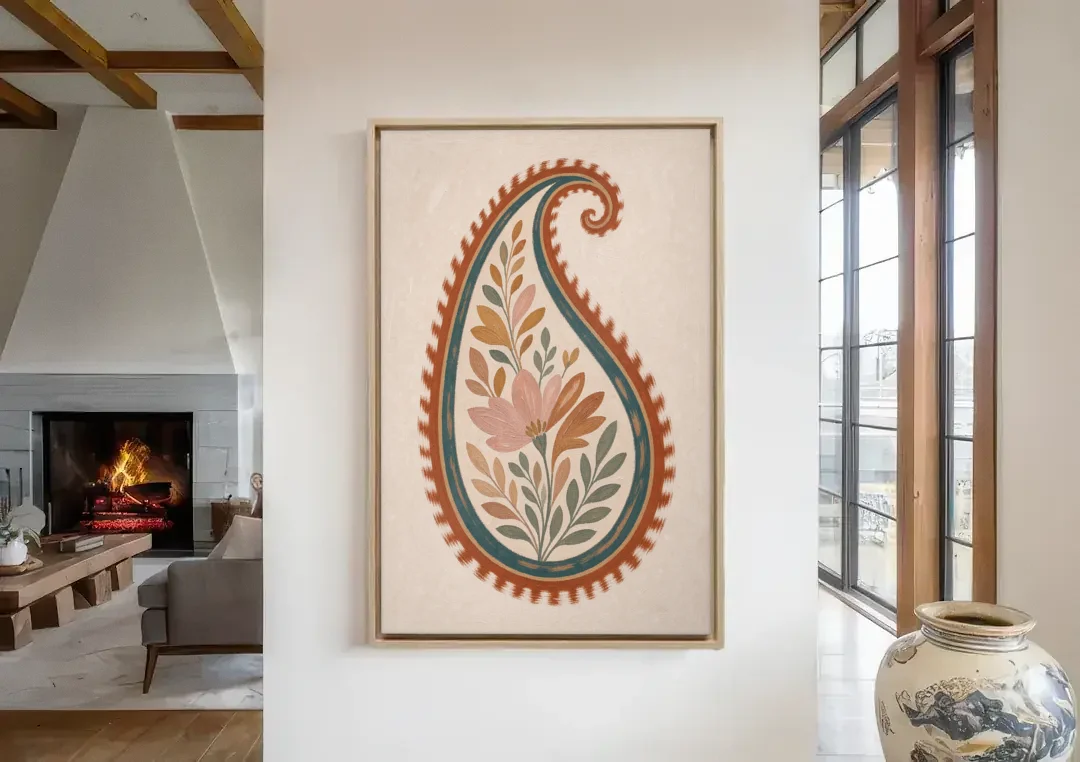 Paisley Wall Art with an Ikat Feathered Bloom canvas wall art in a living room with a fireplace