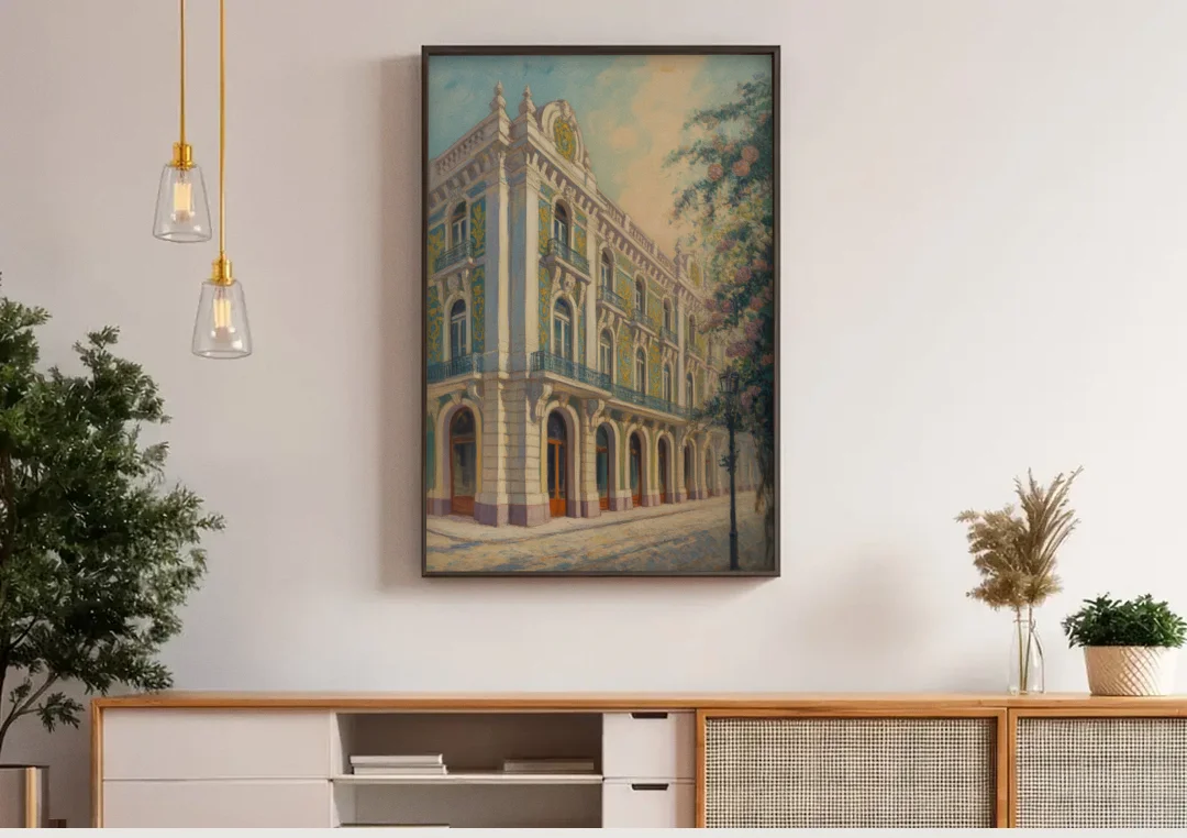 Palácio da Bolsa Elegance canvas wall art above a wooden sideboard under pendant lights