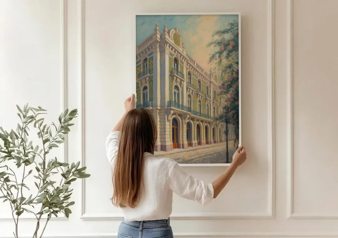Palácio da Bolsa Elegance canvas wall art being hung on a paneled wall