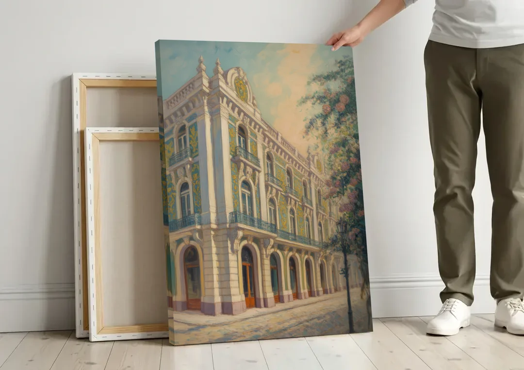 Palácio da Bolsa Elegance canvas wall art leaning against a wall next to blank canvases