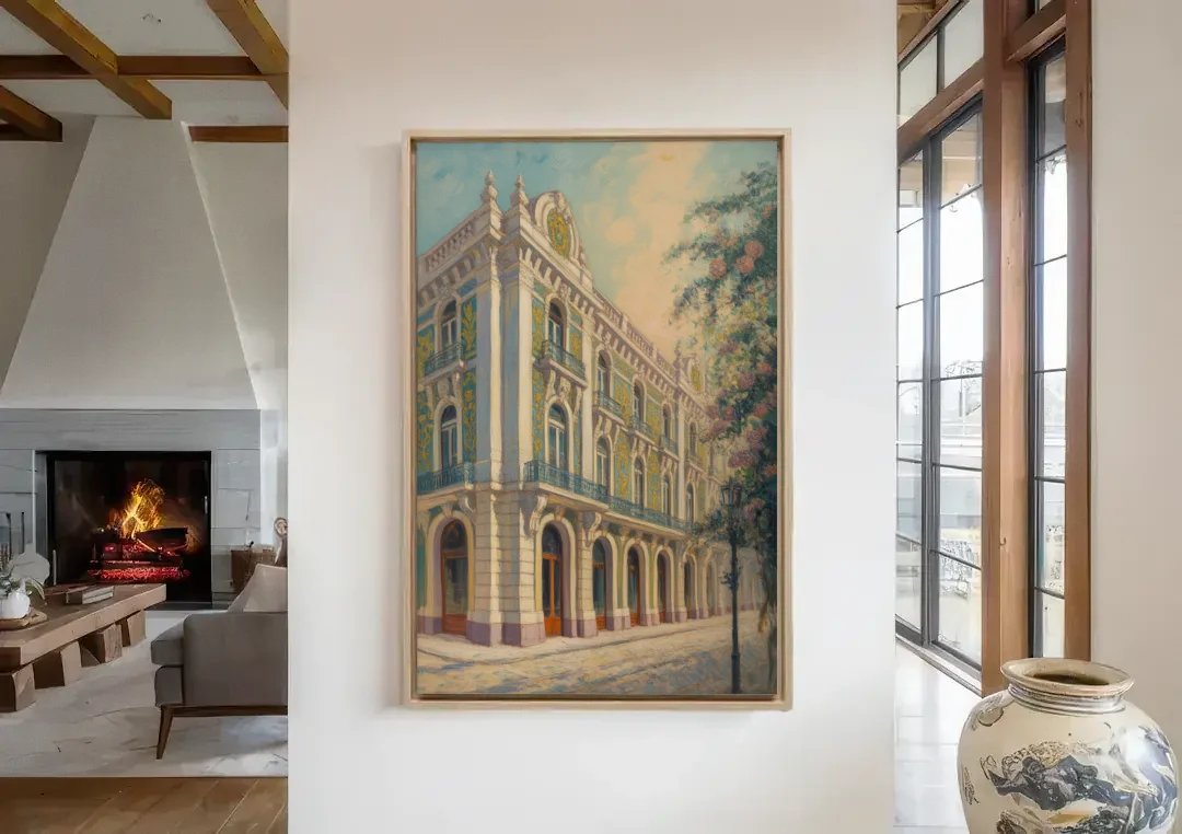 Palácio da Bolsa Elegance canvas wall art in a living room with a fireplace