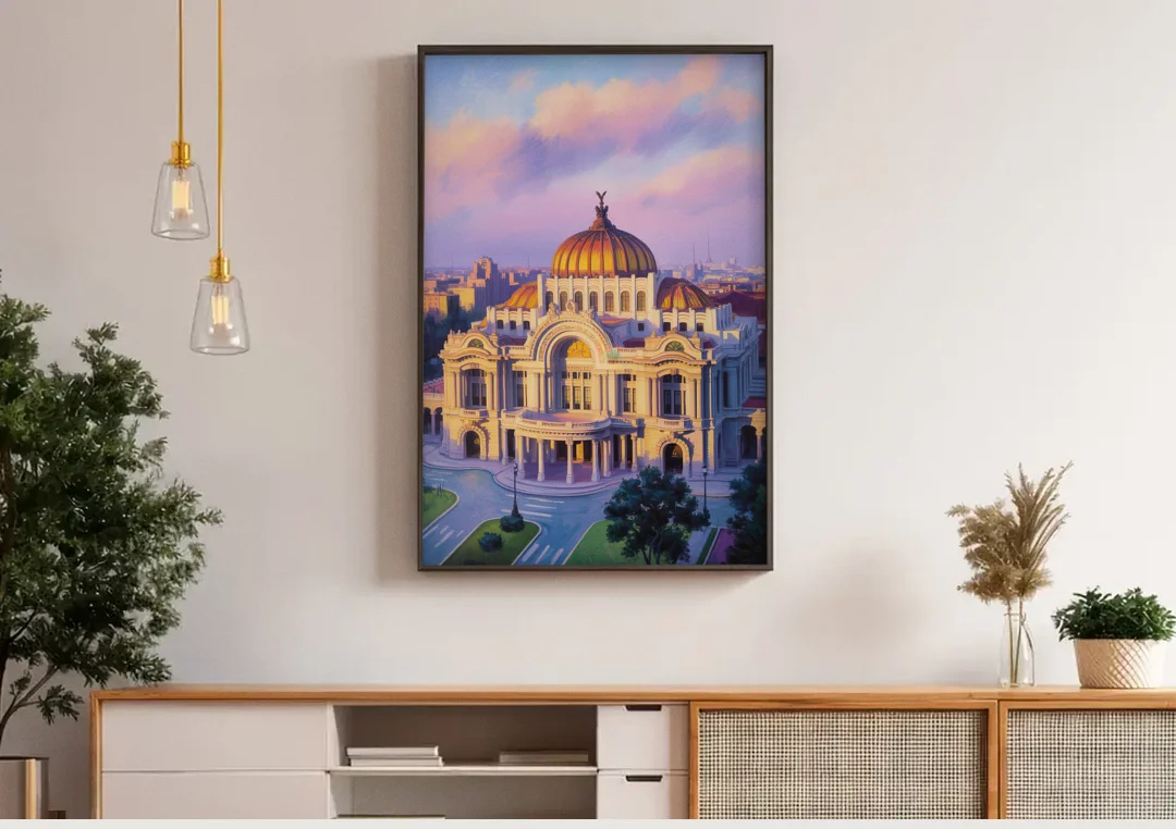 Palacio de Bellas Artes canvas wall art above a wooden sideboard under pendant lights