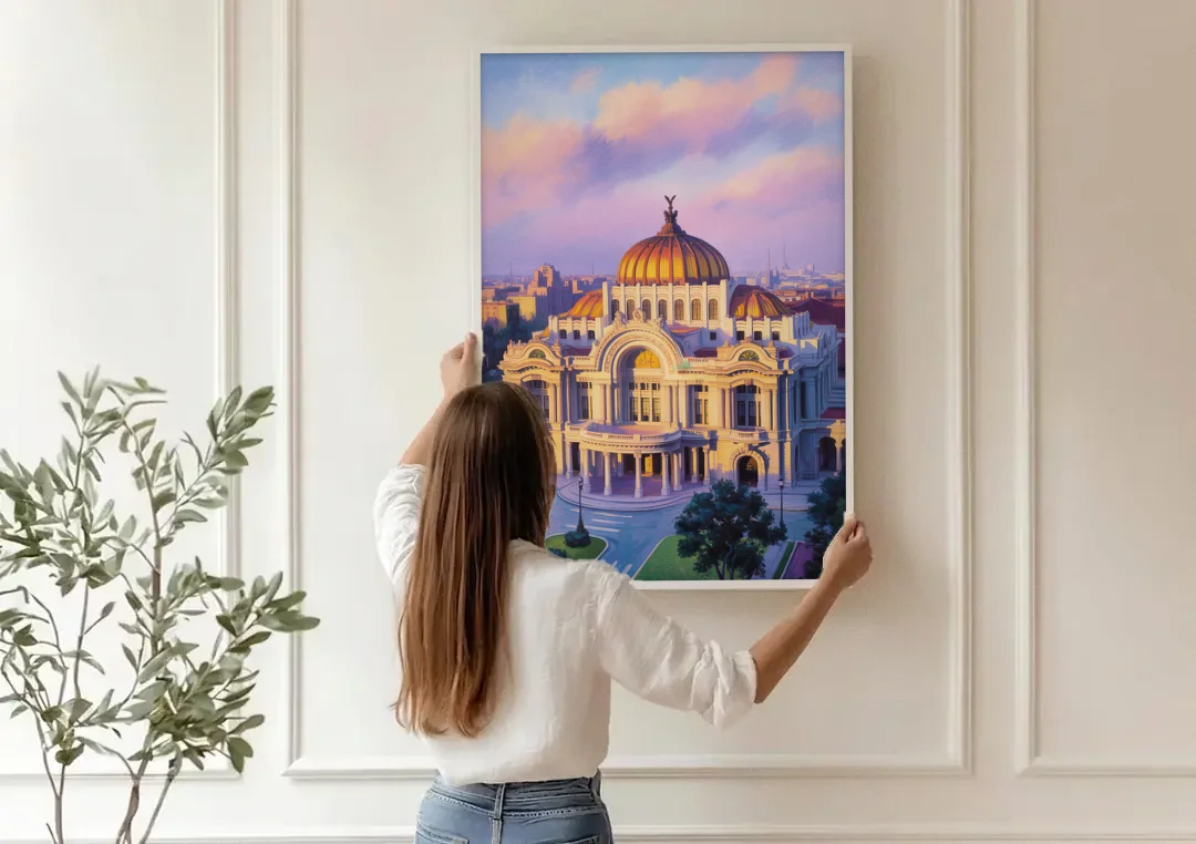 Palacio de Bellas Artes canvas wall art being hung on a paneled wall